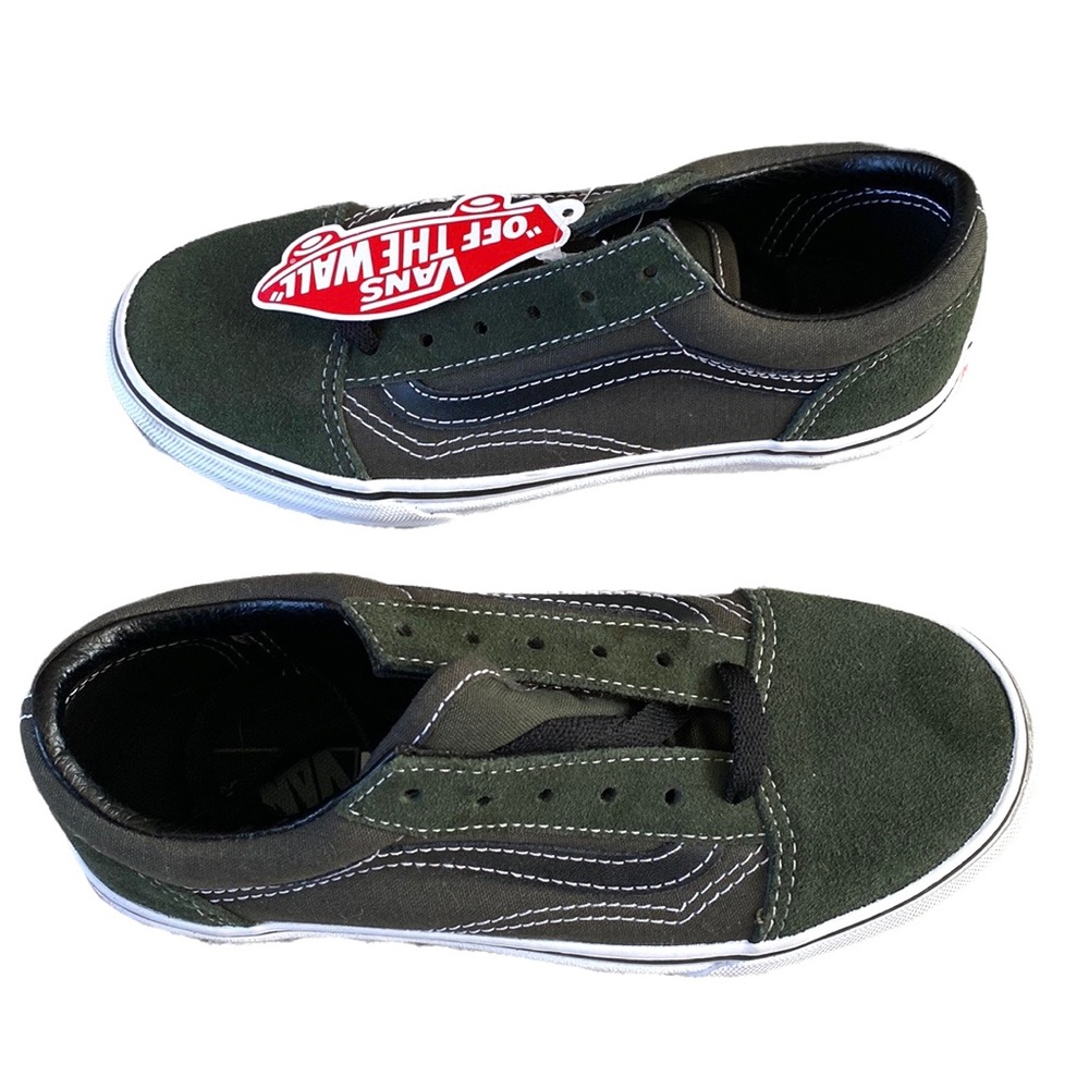 Vans Old Skool Low Top Sneakers Suede Duffel Bag Black Dark Army Green Kids 2.5 - Picture 5 of 11